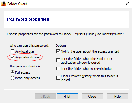 create shared folder with password windows 10